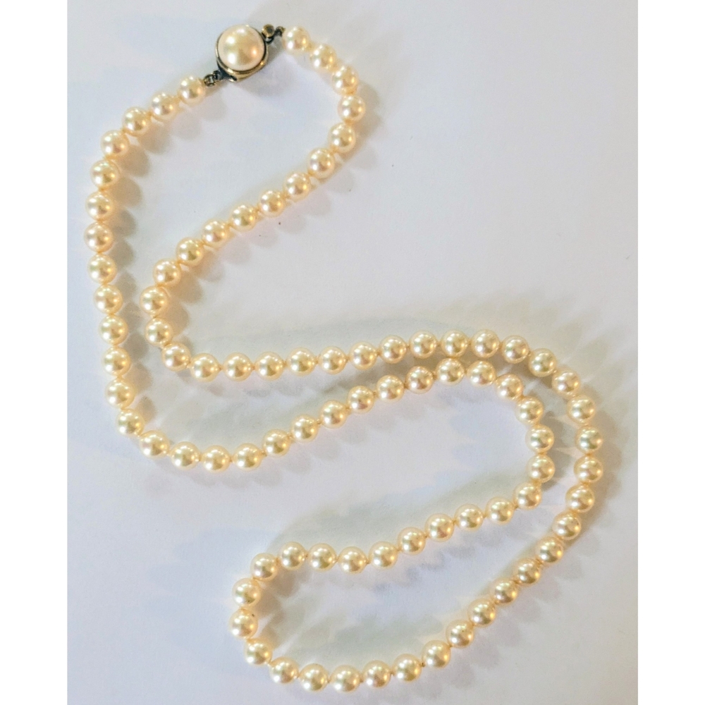 Vintage Gold Over Sterling Silver Knotted Glass Pearl Necklace w Box Clasp 24"